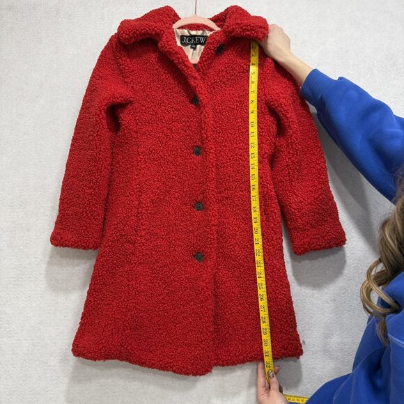 J Crew Coat Womens XSP Red Faux Fur Teddy Shearling Button Front Mid Length - Picture 6 of 12